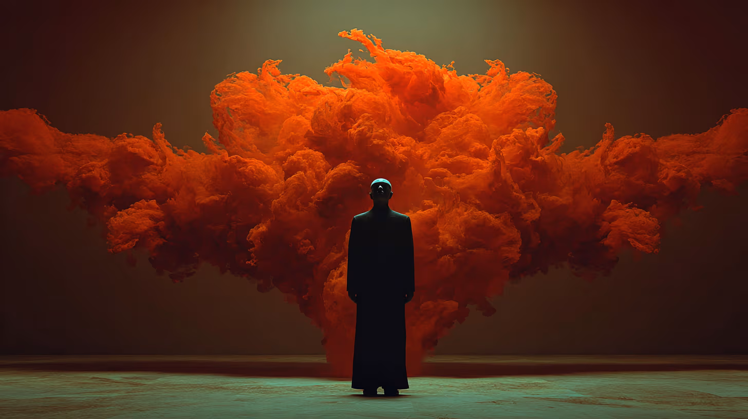 Une silhouette humaine entourée de formes abstraites tourbillonnantes qui s'inclinent ou s'incurvent vers le bas, représentant la domination, un éclairage tamisé, un style futuriste élégant.