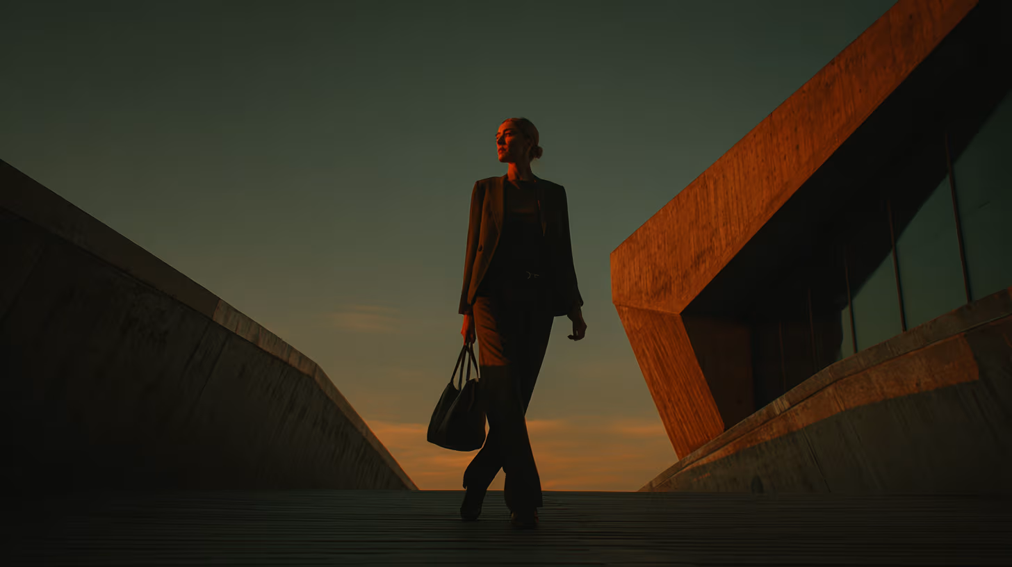 Une photo lifestyle candide d'un chef d'entreprise, la quarantaine bien avancée, marchant d'un pas assuré sur un pont piétonnier moderne et architectural à Montréal, à l'heure dorée. Il ne regarde pas son téléphone ou un écran, mais fixe le paysage urbain avec une expression calme et déterminée. Il porte un sac en cuir élégant, soulignant sa mobilité. L'architecture en arrière-plan se caractérise par des lignes épurées, du verre et du béton. L'atmosphère est libératrice et tournée vers l'avenir. Grain de film, lumière naturelle, cinématographique.